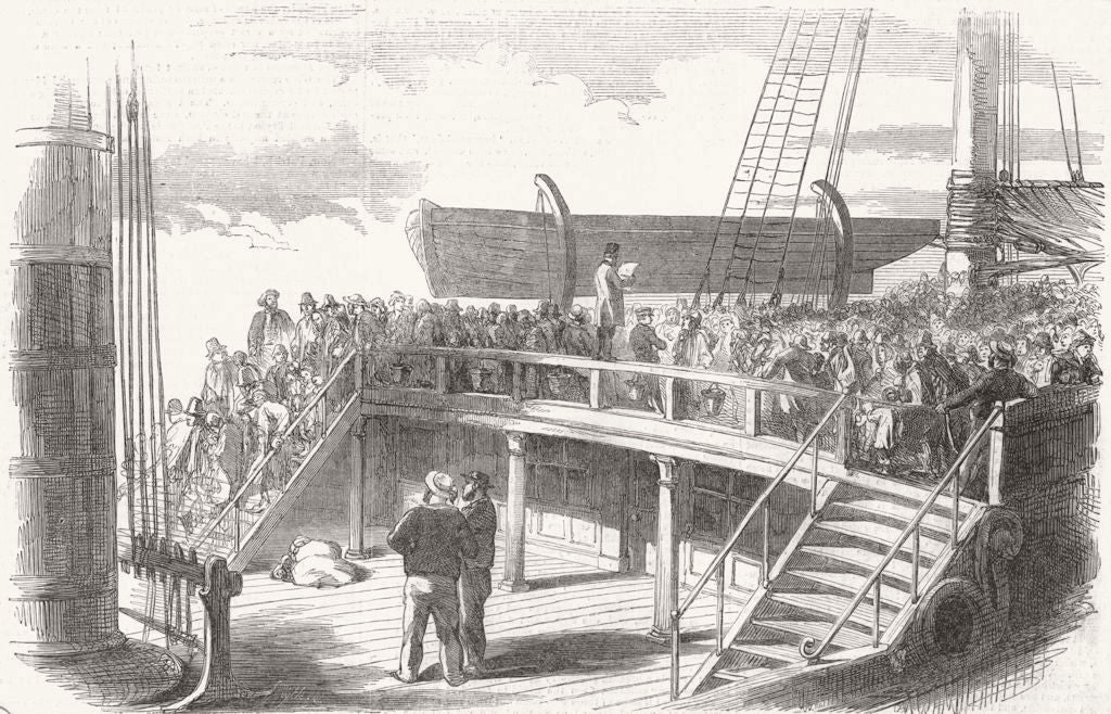 SHIPS. Quarter-deck of emigrant ship-roll call 1850 old antique print picture